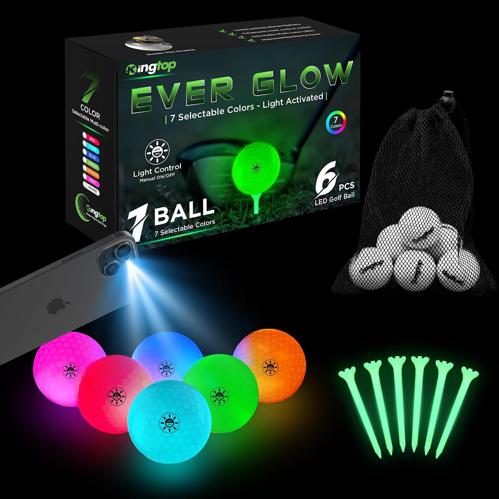7-Color Selectable LED Golf Balls with Glow Tees, 6 Pack