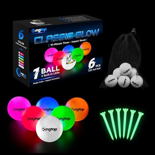 Impact-Activated LED Golf Balls with Glow Tees, 6 Pack